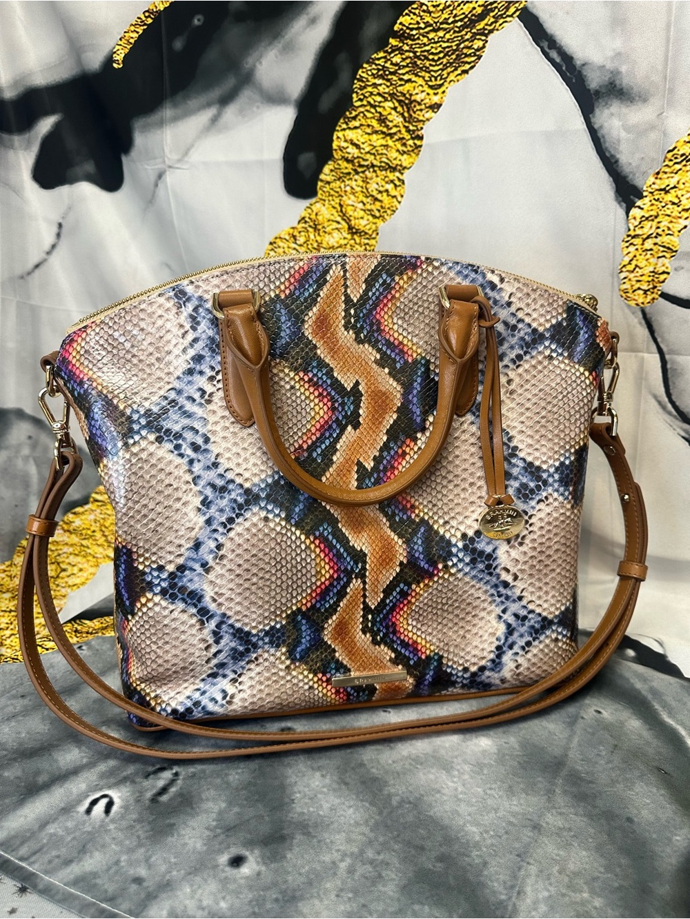 Brahmin Snake-Print Tote Bag with Tan Trim
